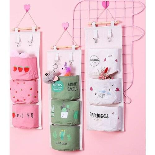 3 Pockets Wall Pouch Cotton Linen Sundries Storage Holder Makeup Cosmetic Container Portable Home Decoration