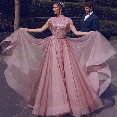 Sequin Prom Dresses Wedding Gown 2021 High Collar Tassel Short A-line Tulle Formal Women Elegant Gowns