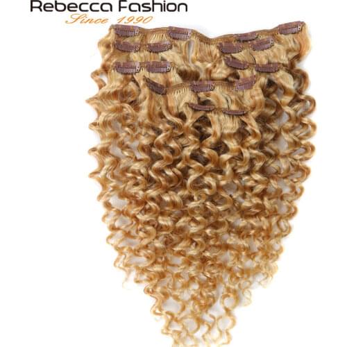 Rebecca Hair Clip 7Pcs In Human Hair Extensions Peruvian Human Hair Jerry Curl Blonde #P27/613 Full Head 7Pcs/Set Remy Hair