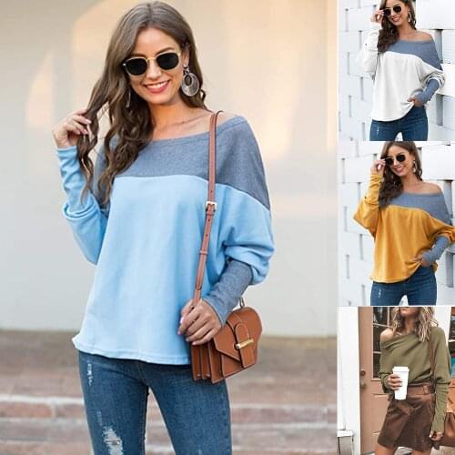 Off-the-shoulder Ladies Loose Casual Mature Women Long-sleeved sweatshirt Pure Color Plus Size Diagonal Collar Women Pullovers