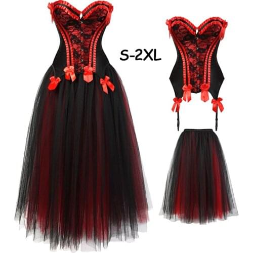 Sexy Women Corsets and Bustiers Gothic Strapless Corselet Waist Training Long Skirt Tutu Party Dress ClubWear Halloween Costume