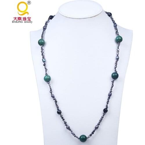 Glorious grey freshwater pearl semi-precious stone crystal strand necklace green stone bead boho necklace best gift for her