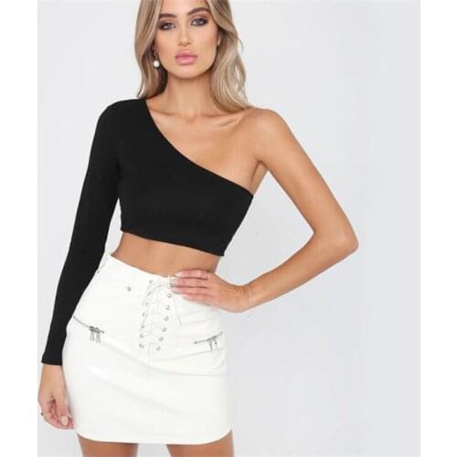 2021 Summer Women Sexy Fashion T-shirt Solid Color Single Sleeve One Shoulder Slash Neck Harajuku Female Black Crop Tops Clothes