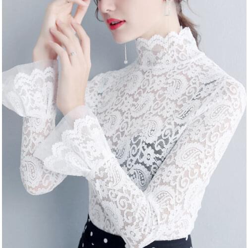 Women Blouse Shirt White High Collar Lace Womens Long Sleeve Transparent Bell Sleeve Hollow Mesh Top Blusas Mujer De Moda