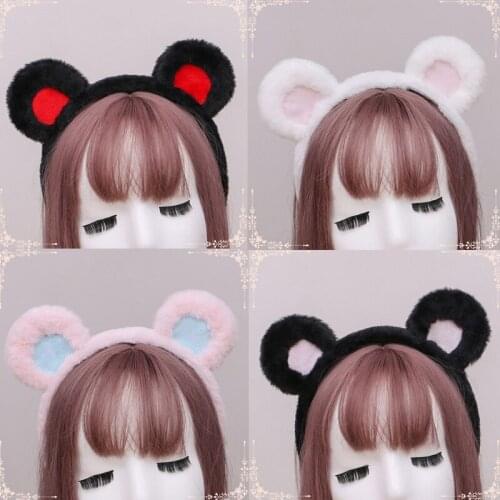 Women Lovely Furry Plush Bear Ears Headband Contrast Color Fluffy Elastic Hair Hoop Kawaii Lolita Cosplay Headpiece