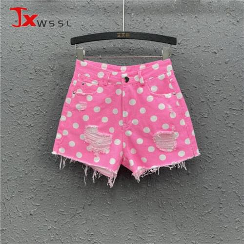 Phosphor Powder Wave Dot Print Denim Shorts Women 2021 Summer High waist Loose Wide leg Short Pants Jeans Fashion Ms Jean Shorts