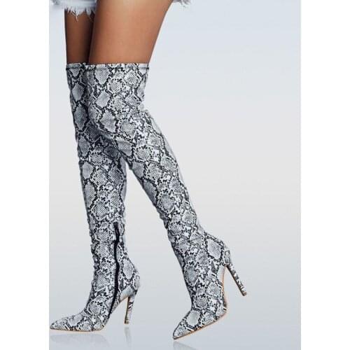 Women Fashion Over The Knee Boots Snake Grain High Boots Pointed Toe Zipper Thin High Heels Boots Shoes 2021 Winter Women