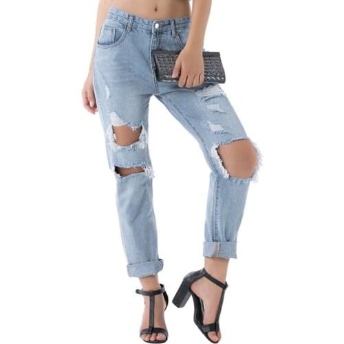 Women Casual Ripped Washed Hole High Waist Jeans New Light Blue Cross-Pants Ripped Jeans