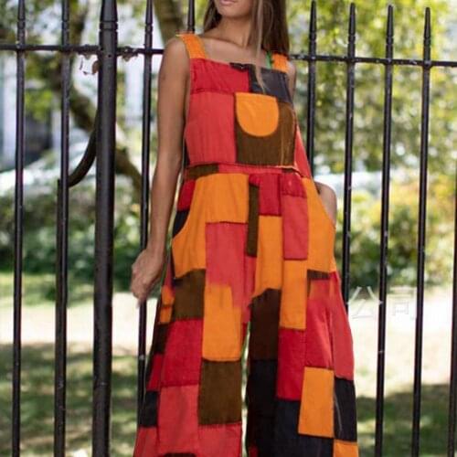 Women Jumpsuit Sleeveless Color Block Fashion Backless Wide Leg Pockets Loose Dungarees Overalls for Summer