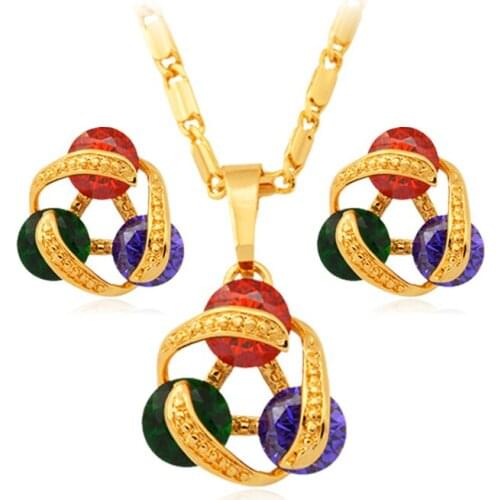 Collare Girls Jewelry Sets Gold Color Colorful Cubic Zirconia Neckalce Earrings Fashion Jewelry set For Women Wholesale S410