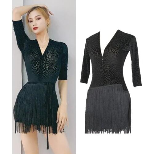 2020 Latin Dance Dress Women Leopard Velvet Practice Fringed Dress Black V-Neck Samba Rumba Cha Cha Adult Latin Clothes DNV13994