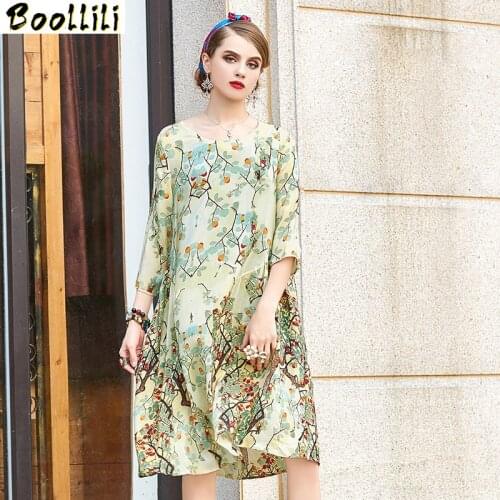 Boollili Real Silk Dress Women Summer Dress Korean Vintage Print Beach Dress Elegant Party Dresses Woman Vestidos Robe Femme