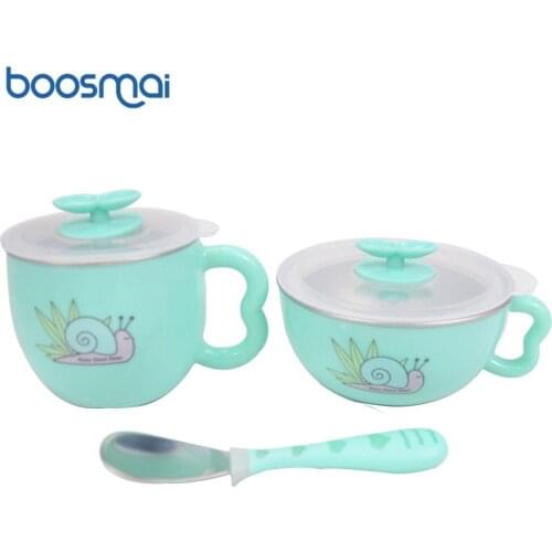 3pcs/set Baby Bowl+Cup+Spoon Feeding Food Tableware Set Cartoon Kids Dishes Eating Dinnerware Water Filled Insulation Bowl