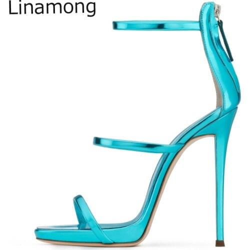 Summer Sexy Ladies Concise Solid Mirror Shiny Leather Straps Stiletto High Heels Sandals Women Narrow Strappy Party Dress Shoes