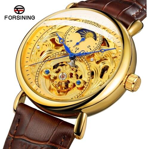 New Forsining Men Fashion Casual Hollow Moon Phase Automatic Mechanical Watch Luxury Business Leather Man Wristwatches Relogio