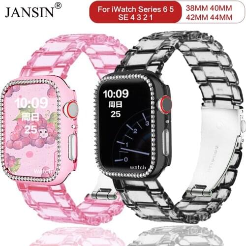 Diamond Case+Resin Watch strap For Apple watch 42mm 38mm Women Transparent Bracelet For Apple Watch 6 5 4 SE 40MM 44MM Correa