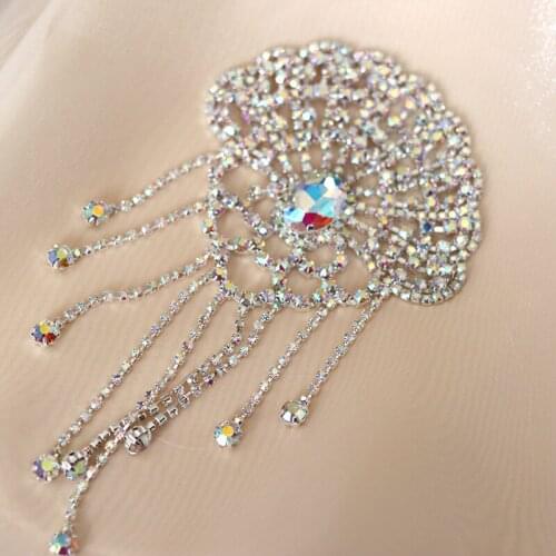 Flower Shape Crystal AB Rhinestone Applique Rhinestone Shoulder Chain with Tassel Wedding Dress Decoration DIY Sew on Stone
