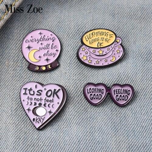 Everything will be OK Enamel Pins Custom Sunglass Coffee Crystal Ball Brooch Lapel Badge Bag Jewelry Gift Kids Friends