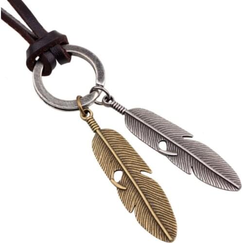 FYJS Unique Antique Silver Plated Alloy Feather Pendant Copper Metal Necklace with Leather Chain Jewerly