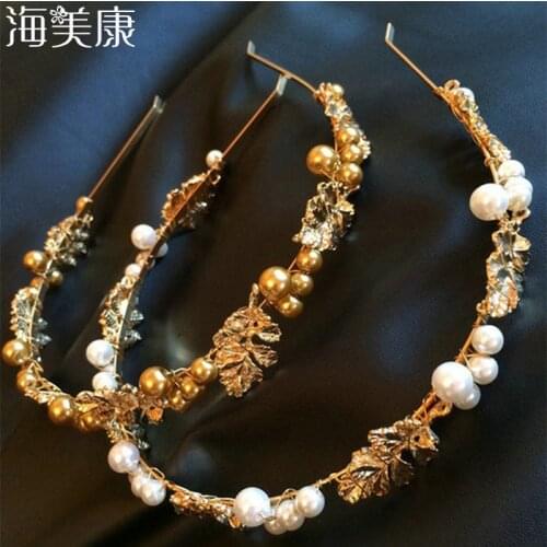 Haimeikang Baroque Luxury Vintage Metal Leaf Pearl Headband Hairband Bridal Hair Ornament Headdress Hair Accessories