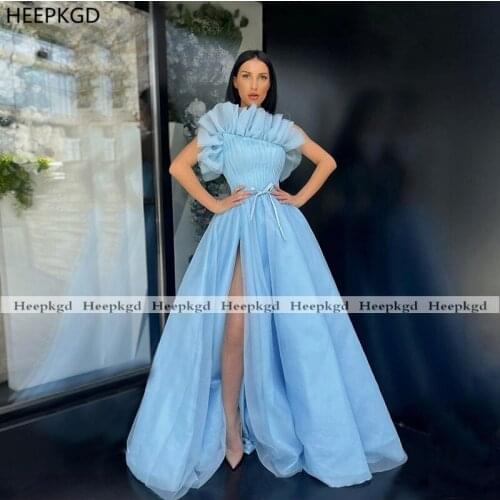 Graceful Baby Blue 2021 Long Prom Dresses Strapless Side Slit Pleats Tulle Women Formal Gowns For Party Robe De Soiree Plus Size