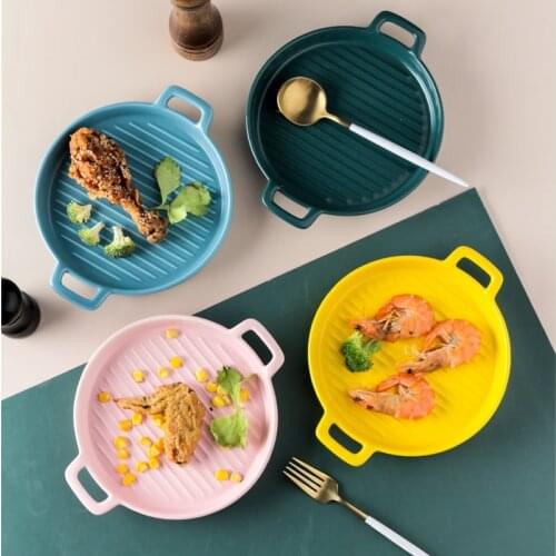 Ceramic Baking Pan Round Plate Pasta Lasagna Dish with Double Eyes Fruit Salad Dinner Plate Nordic Dishes Tray
