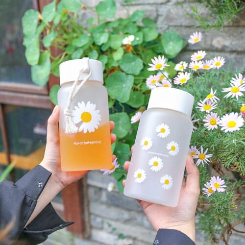 500Ml Small Daisy Plastic Water Bottles Bpa Free Frosted Creative Water Bottle with Portable Rope Travel Tea Cup Drinking Mug
