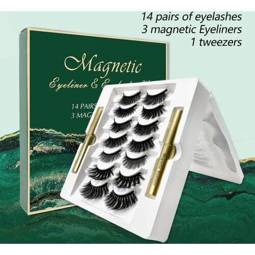 14Pairs Eye Lashes Magnetic Eyelashes and Eyeliner Set False Eyelashes Magnet Extension Liquid Eyeliner & Tweezer Set Waterproof