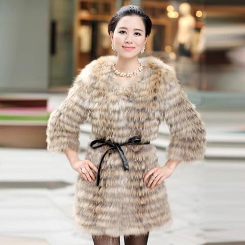 Autumn Ladies' Genuine Real Spliced Raccoon Fur Coat 3/4 Sleeve Women Fur Outerwear Overcoat VF0587
