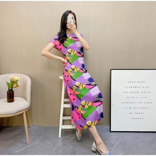 HOT SELLING Miyake Fold geometry print o-neck short sleeve dress IN STOCK