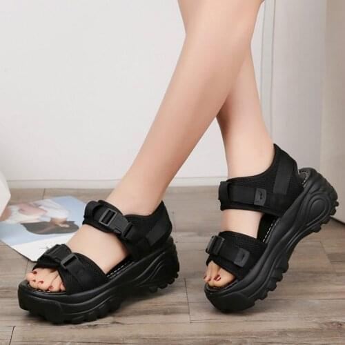 Platform Sandals Women 2020 Black Fashion Mesh Ladies Chunky Sandals Summer Buckle Strap Wedges Shoes Sandalias Mujer