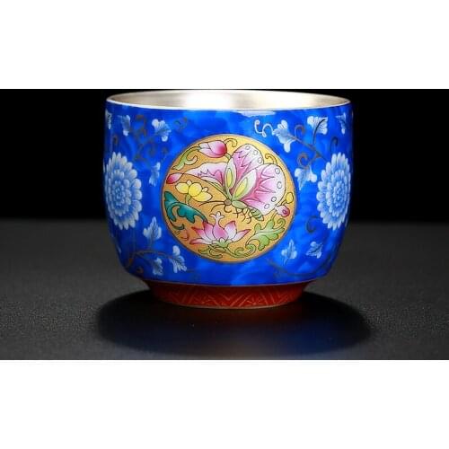 Silver Cup 99 Silver Teacup Ceramic Silver Medium Butterfly Love Cup Enamel Household Teaware Master Cup
