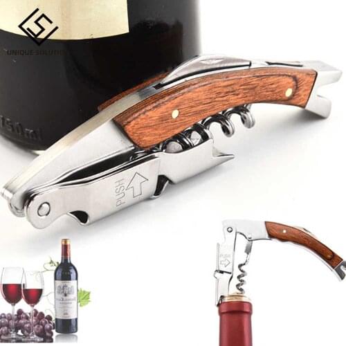 Stainless Steel Corkscrew Wine Bottle Opener with Knife Wooden Handle Beer Bottle Opener Keychain Bar Accessories Kitchen Tools