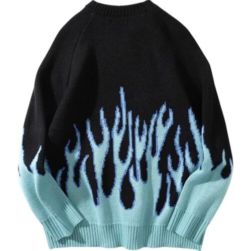 Sweater Men Streetwear Retro Flame Pattern Hip Hop Autumn New Pull Over Spandex O-neck Oversize Couple Casual Mens Sweaters