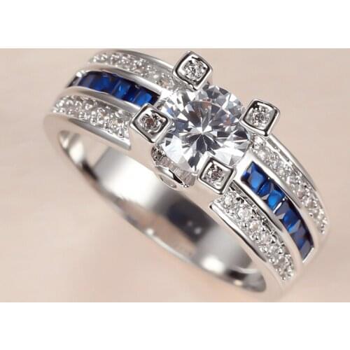 Vintage Male Female Blue Crystal Ring Dainty Silver Color Wedding Rings For Women Men Luxury White Round Zircon Engagement Ring