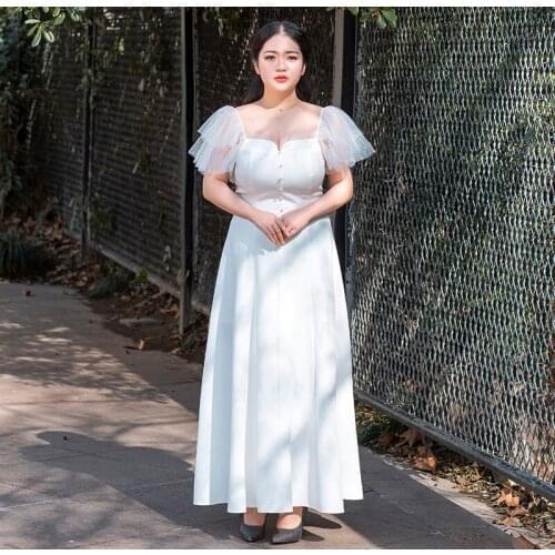 Evening Dress White Simple Square Collar Floor-Length Sequins Pleat Short Sleeves New A-Line Plus Size Women Formal Gowns D1212