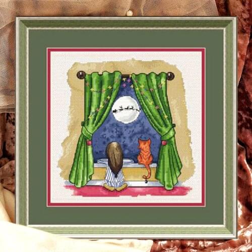 Fishxx Hand-embroidered Cross Stitch E1137 The Girl Waiting for Christmas and the Orange Cat Cute Cartoon Precision Printing