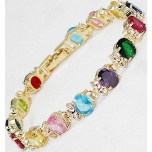 Jewelry Multicolor Crystal Faceted 18K Gold-Plated Bangle Bracelets 7.5"AAA