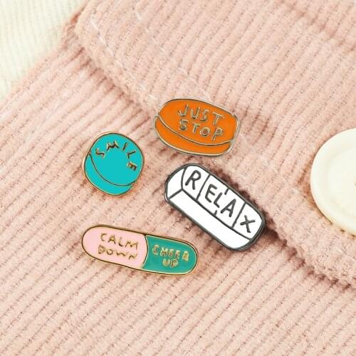 Funny Mini Pills Enamel Pins Creative Calm Down,Just Stop,Smile,RELAX Cute Capsules Brooch Denim Shirts Lapel Pin Badges Jewelry