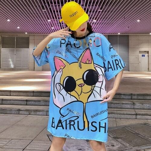 2021 Summer New Oversize Loose Casual Short Sleeve T-shirt Korean Simple Blue Cartoon Mesh Silk O-neck Women Top Free Shipping