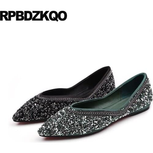 Slip on large size sparkling designer green autumn spring bling sequins single shoes women pointed toe glitter wedding flats