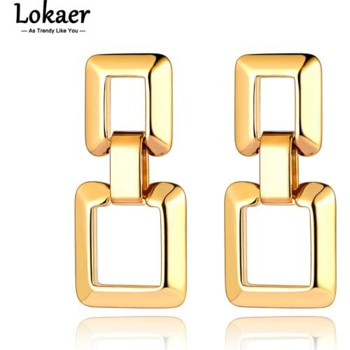 Lokaer Trendy Goth 18K Gold Stainless Steel Geometry Double Square Earrings For Women Girls New Design Party Jewelry E21122