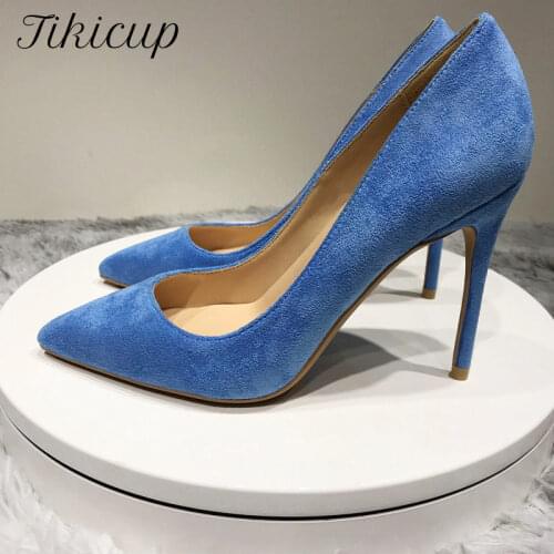 Tikicup Dark Blue Women Flock Pointed Toe Stiletto High Heels Sythenic Suede Slip On Pumps Lady Formal Dress Shoes Plus Size
