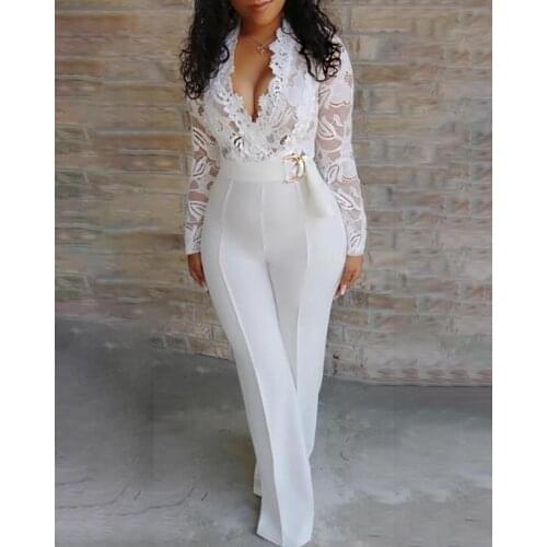 Womens sexy elegant overalls jumpsuit patchwork jumpsuit womens long-sleeved lace overall trousers party wear
