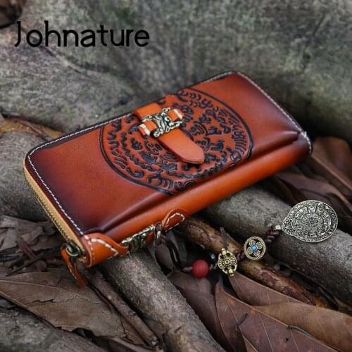 Johnature Handmade Vintage 2021 New Genuie Leather Women Wallet Luxury Ladies Clutch Wallets First Layer Cowhide Phone Purse