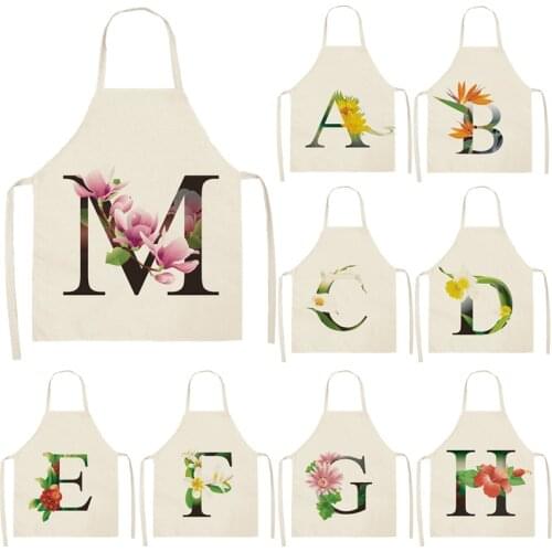 Flower Letter Alphabet Pattern Kitchen Apron For Woman Sleeveless Cotton Linen Aprons Cooking Home Cleaning Tools 53*65cm WQ0044