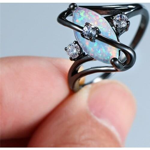 Boho Female White Opal Stone Ring Vintage Black Gold Wedding Rings For Women Promise Love Engagement Ring