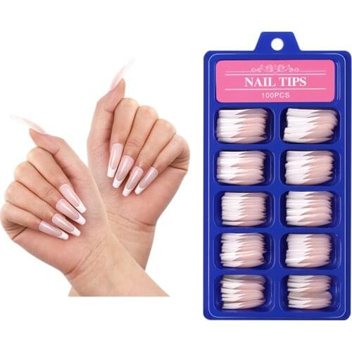 100pcs Full Cover French Nail Tips with Box Long Coffin Pink and White Fake Nail Art Press on Tips Manicure Supplies 2021