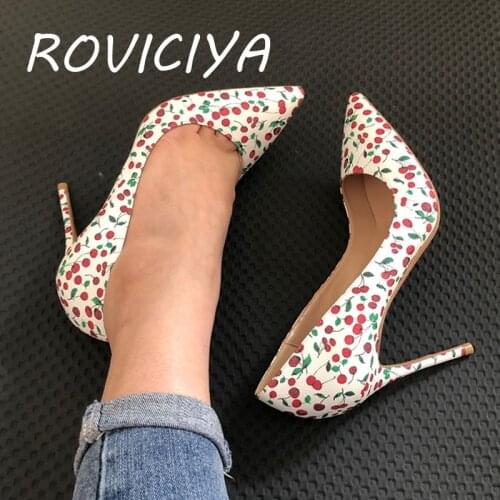 White fashion red cherry pattern pointed toe exquisite shoes 12cm high heel ladies sexy party shoes metal heel YG007 ROVICIYA