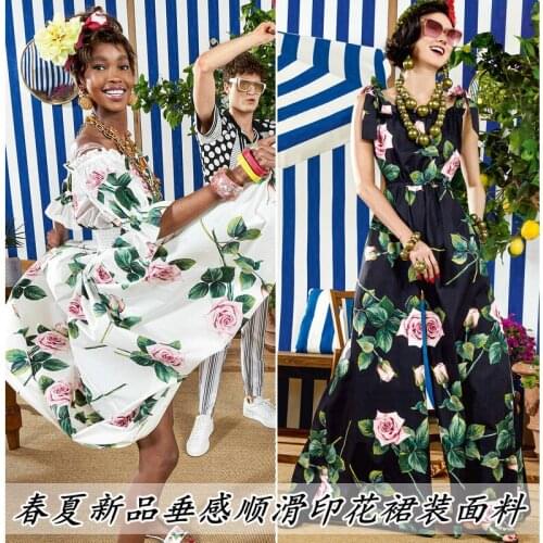 145 * 50cm New Digital Rose Print Cheongsam Clothing Fabric for DIY Handmade Dress Shirt Black and White